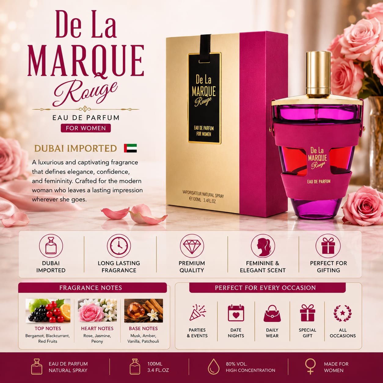 De La Marque Rouge Eau De Parfum For Women – Dubai Imported Luxury Fragrance